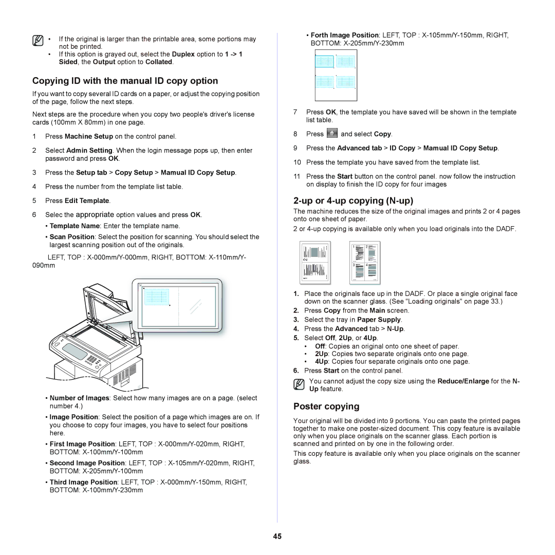 Samsung SCX-6555NX Copying ID with the manual ID copy option, Up or 4-up copying N-up, Poster copying 