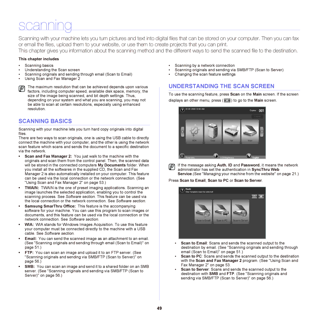 Samsung SCX-6555NX Scanning Basics, Understanding the Scan Screen, Press Scan to Email, Scan to PC or Scan to Server 