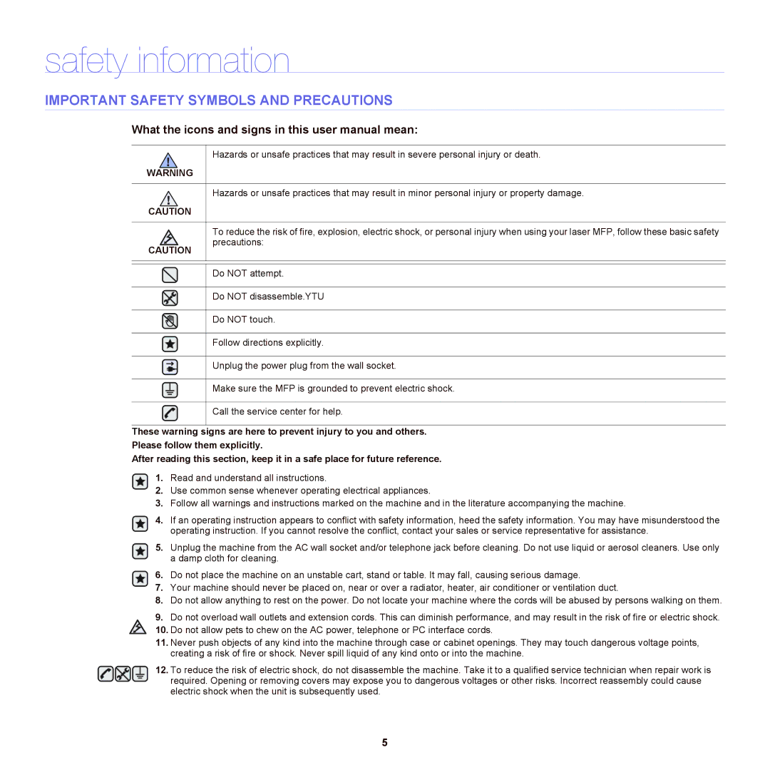 Samsung SCX-6555NX manual Safety information, Important Safety Symbols and Precautions 