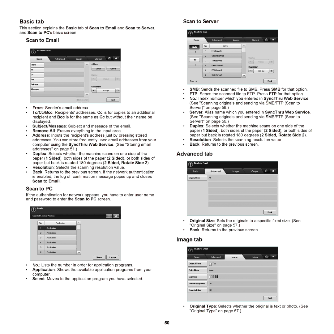 Samsung SCX-6555NX manual Scan to Email, Scan to PC, Scan to Server 