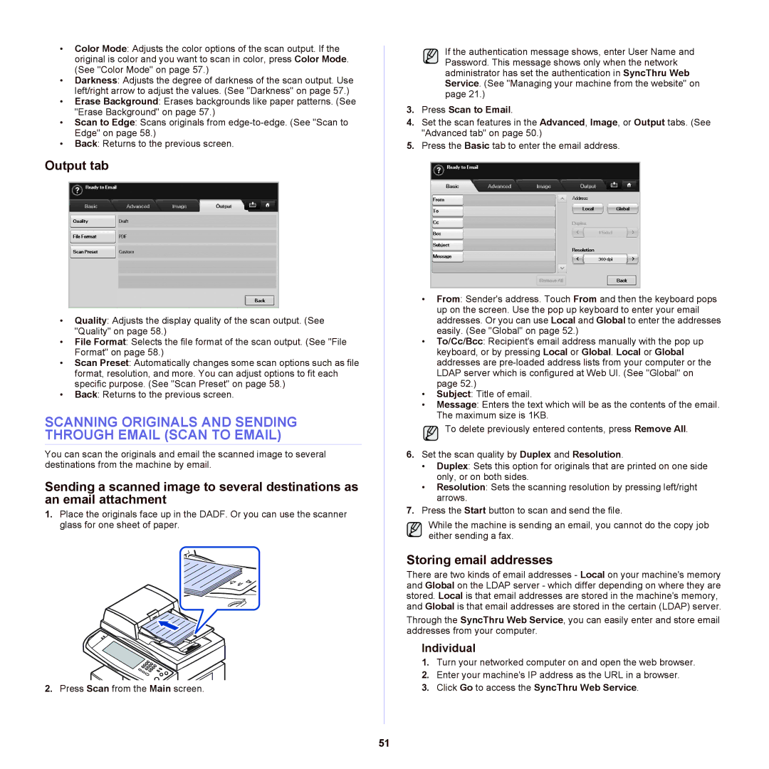 Samsung SCX-6555NX manual Scanning Originals and Sending Through Email Scan to Email, Output tab, Storing email addresses 