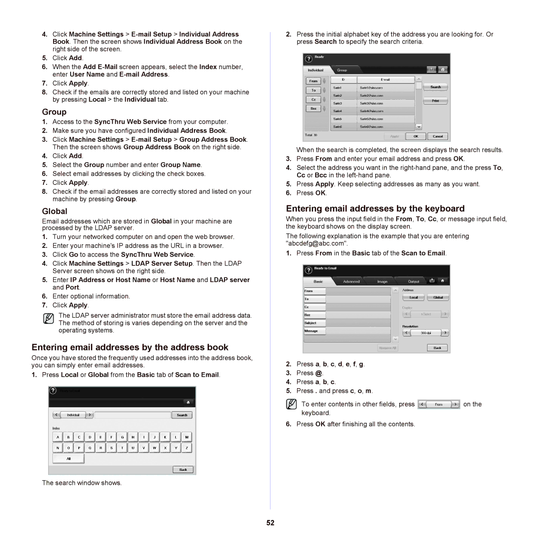 Samsung SCX-6555NX Entering email addresses by the address book, Entering email addresses by the keyboard, Group, Global 