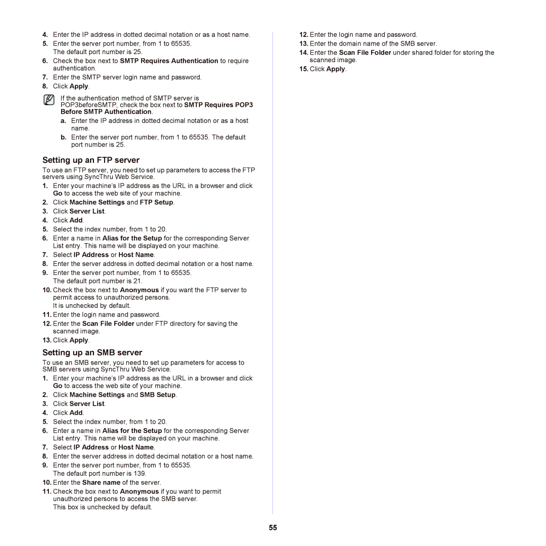 Samsung SCX-6555NX manual Setting up an FTP server, Setting up an SMB server 
