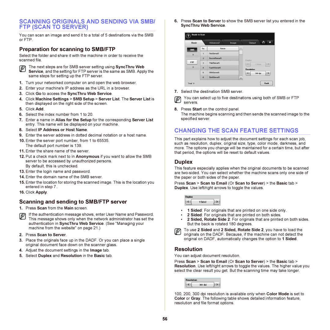 Samsung SCX-6555NX manual Scanning Originals and Sending VIA SMB/ FTP Scan to Server, Changing the Scan Feature Settings 