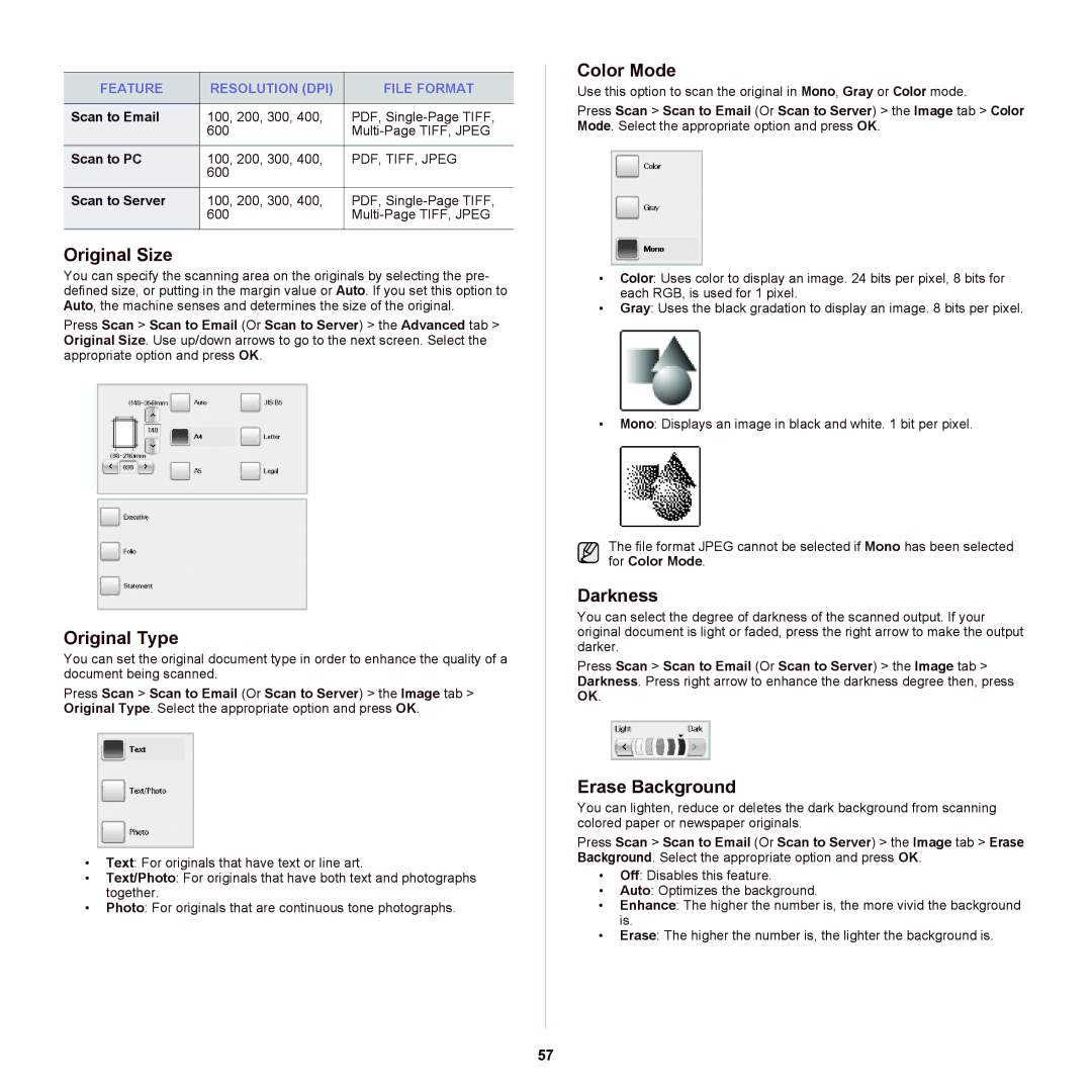 Samsung SCX-6555NX manual Original Size, Original Type, Color Mode, Darkness, Erase Background 