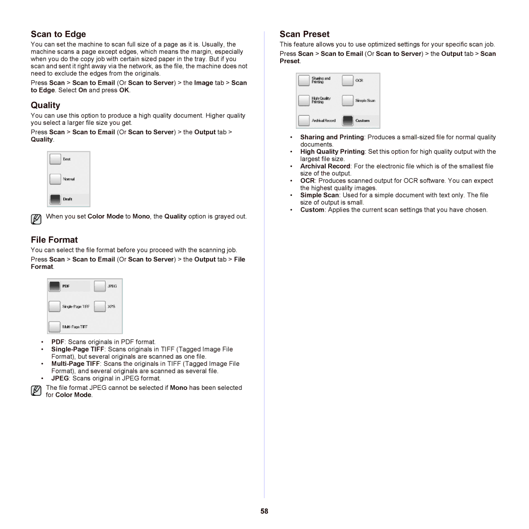 Samsung SCX-6555NX manual Scan to Edge, Quality, File Format, Scan Preset 