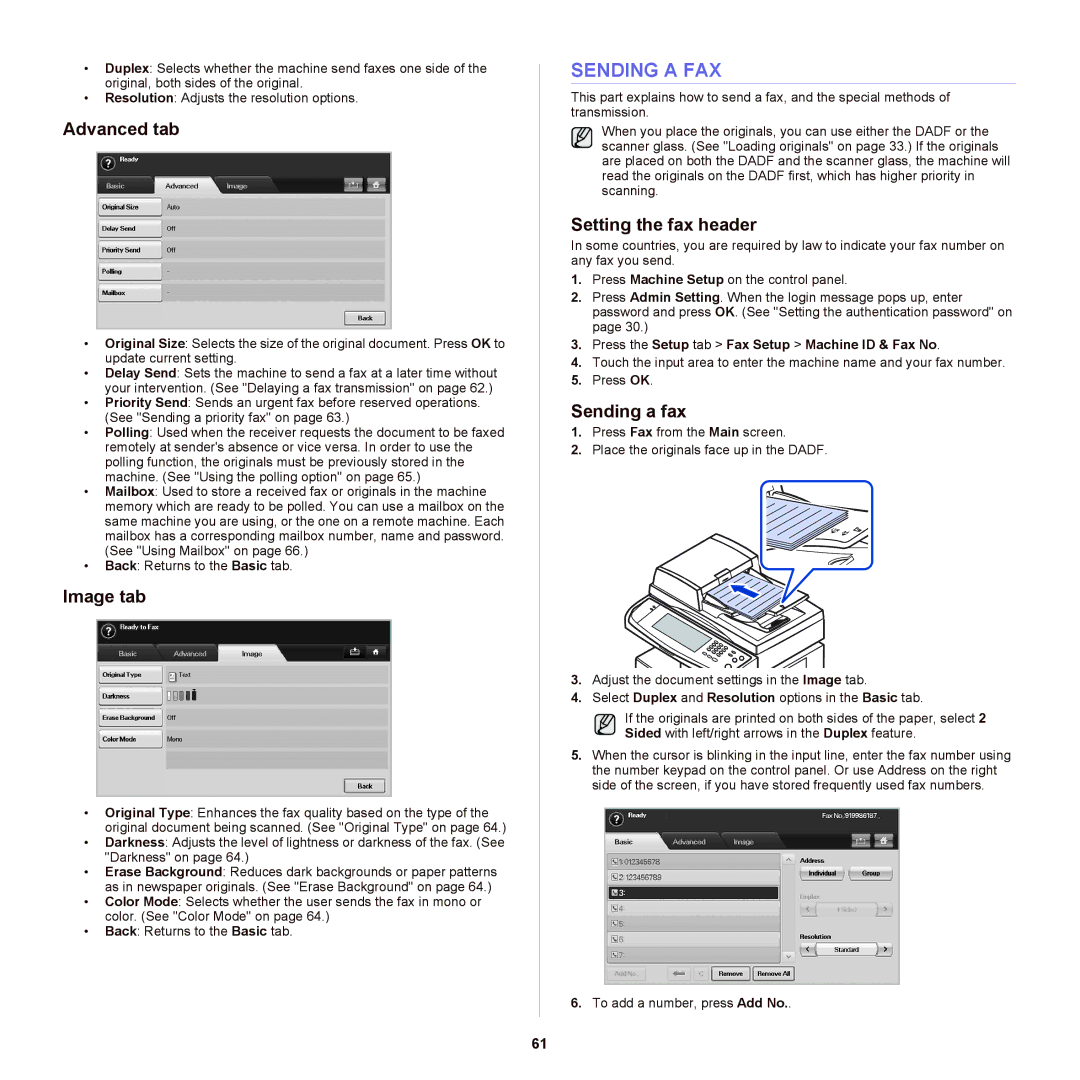 Samsung SCX-6555NX Sending a FAX, Setting the fax header, Sending a fax, Press the Setup tab Fax Setup Machine ID & Fax No 