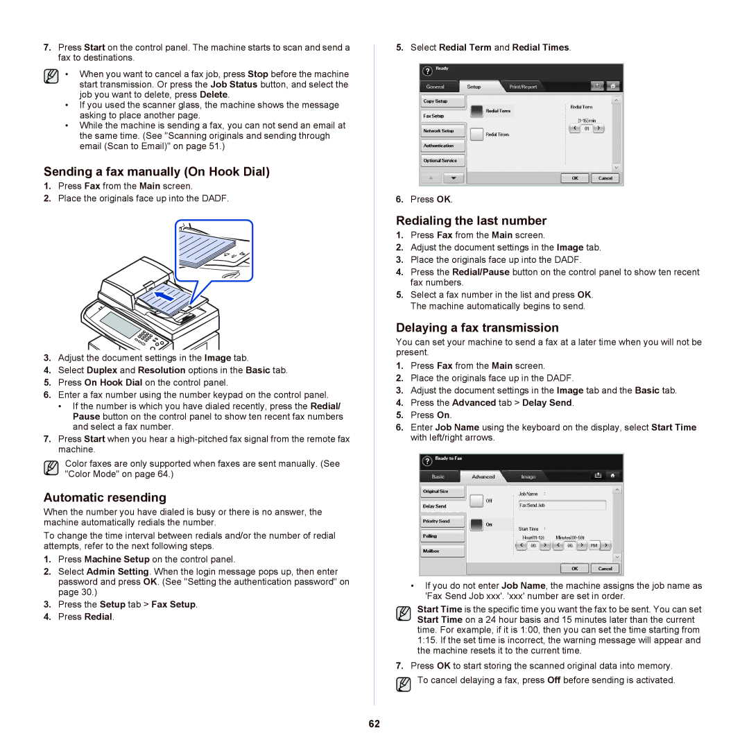 Samsung SCX-6555NX Sending a fax manually On Hook Dial, Automatic resending, Redialing the last number 