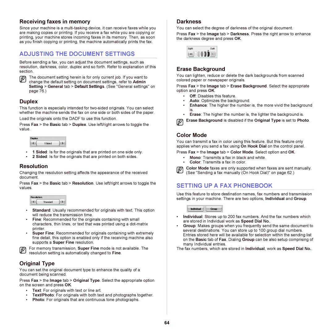 Samsung SCX-6555NX manual Adjusting the Document Settings, Setting UP a FAX Phonebook, Receiving faxes in memory 