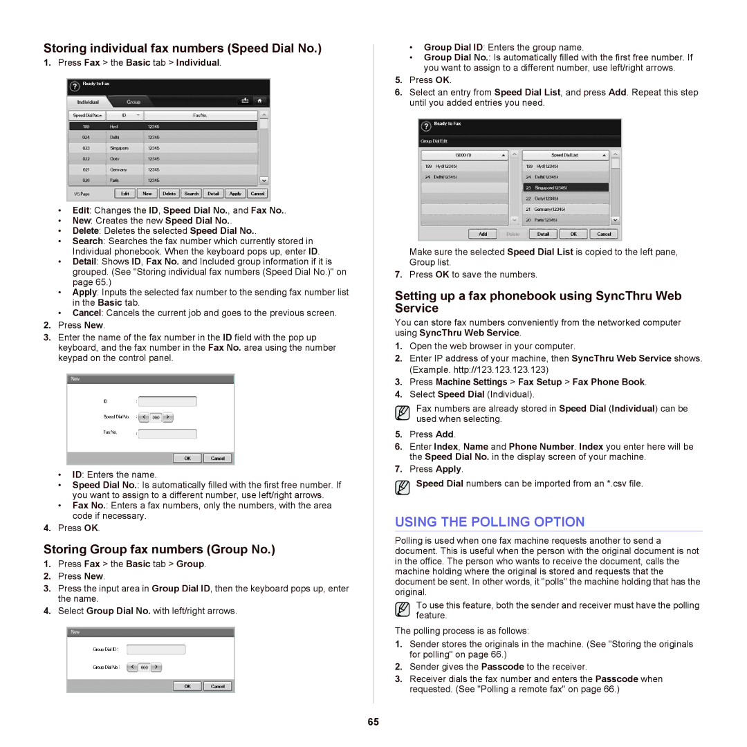 Samsung SCX-6555NX manual Using the Polling Option, Storing individual fax numbers Speed Dial No 