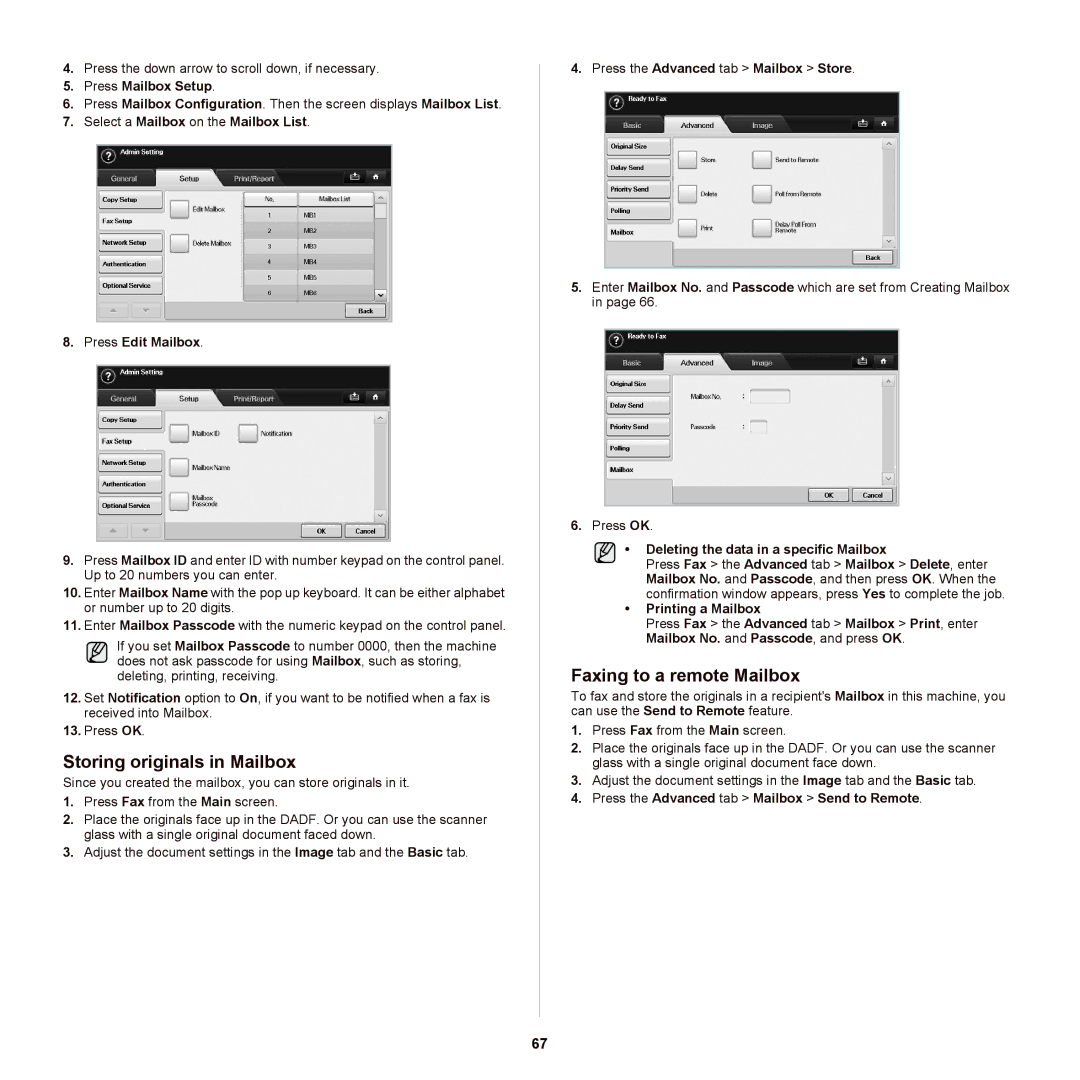 Samsung SCX-6555NX manual Storing originals in Mailbox, Faxing to a remote Mailbox 