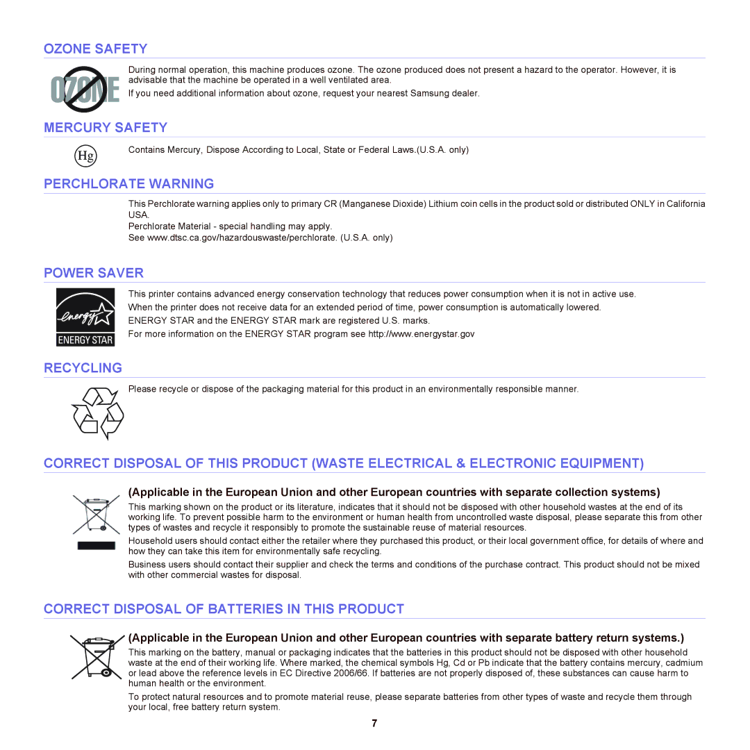 Samsung SCX-6555NX manual Ozone Safety, Mercury Safety, Perchlorate Warning, Power Saver, Recycling 