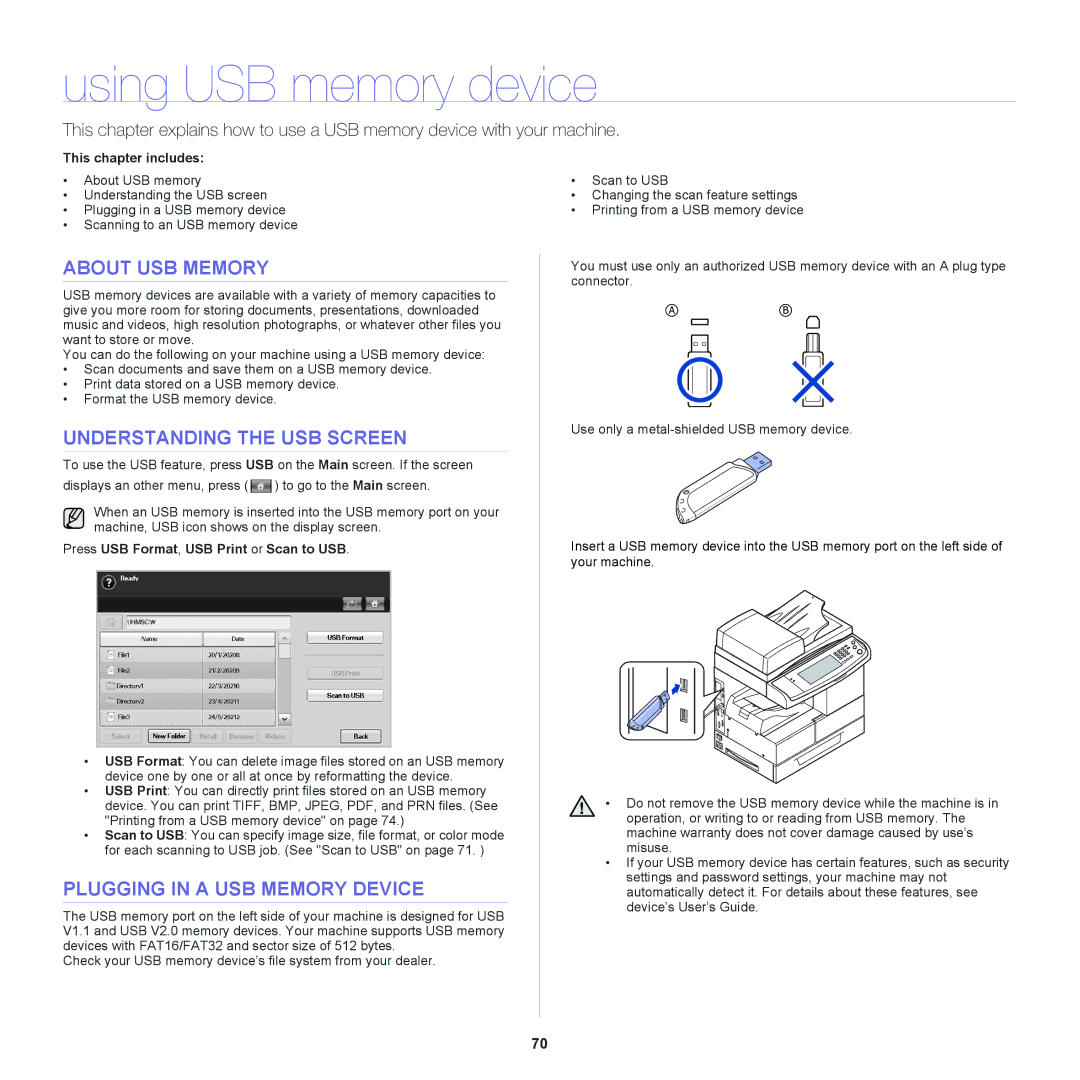 Samsung SCX-6555NX manual Using USB memory device, About USB Memory, Understanding the USB Screen 