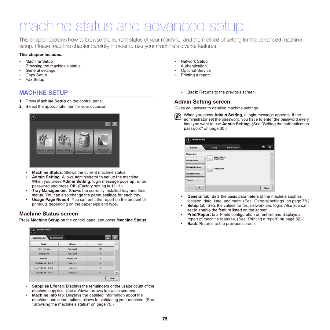 Samsung SCX-6555NX manual Machine status and advanced setup, Machine Setup, Machine Status screen, Admin Setting screen 