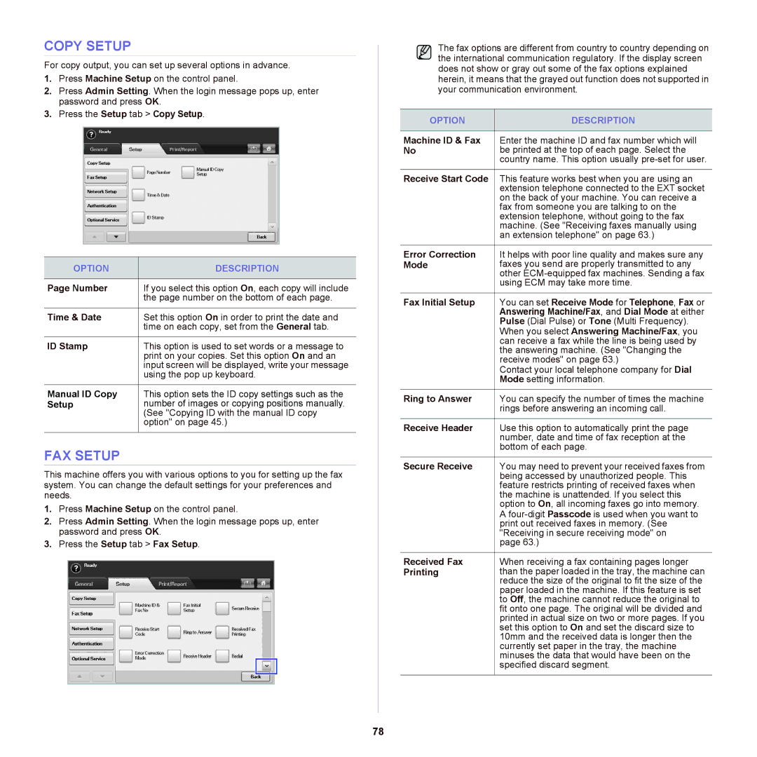 Samsung SCX-6555NX manual Copy Setup, FAX Setup 