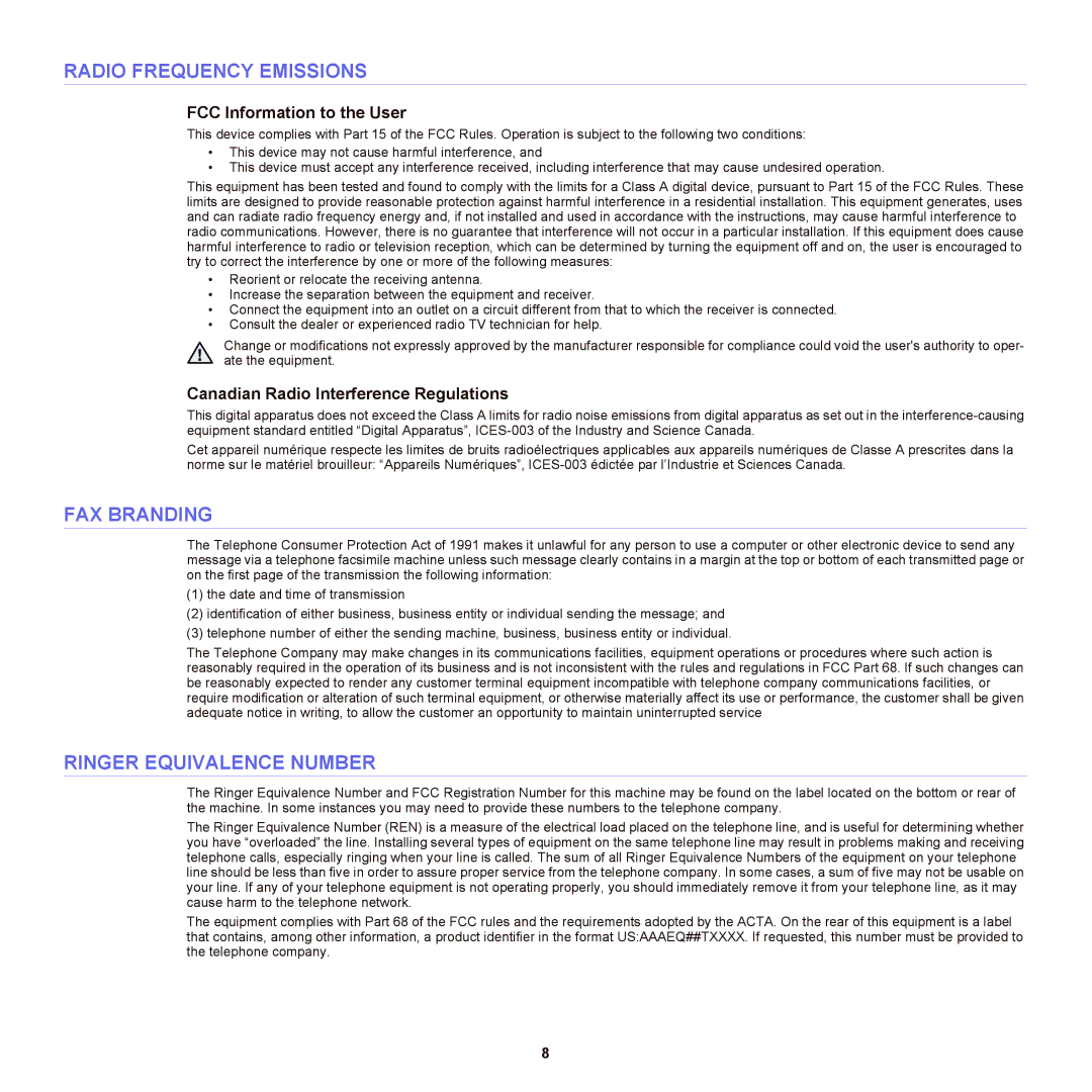 Samsung SCX-6555NX manual Radio Frequency Emissions, FAX Branding, Ringer Equivalence Number, FCC Information to the User 