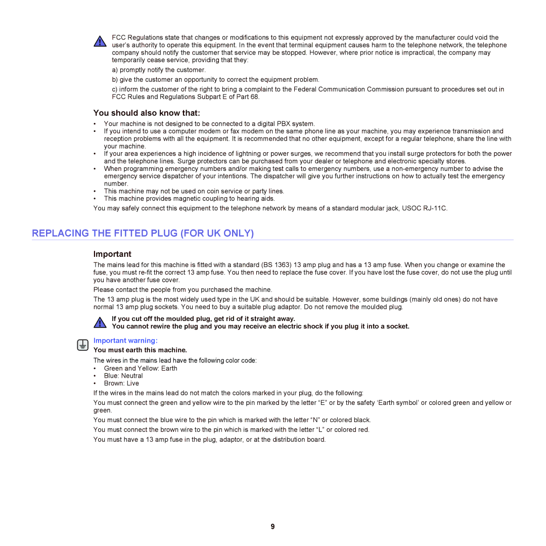 Samsung SCX-6555NX manual Replacing the Fitted Plug for UK only, You should also know that, You must earth this machine 