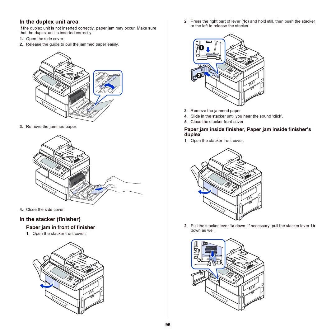 Samsung SCX-6555NX manual Duplex unit area, Stacker finisher, Paper jam in front of finisher 