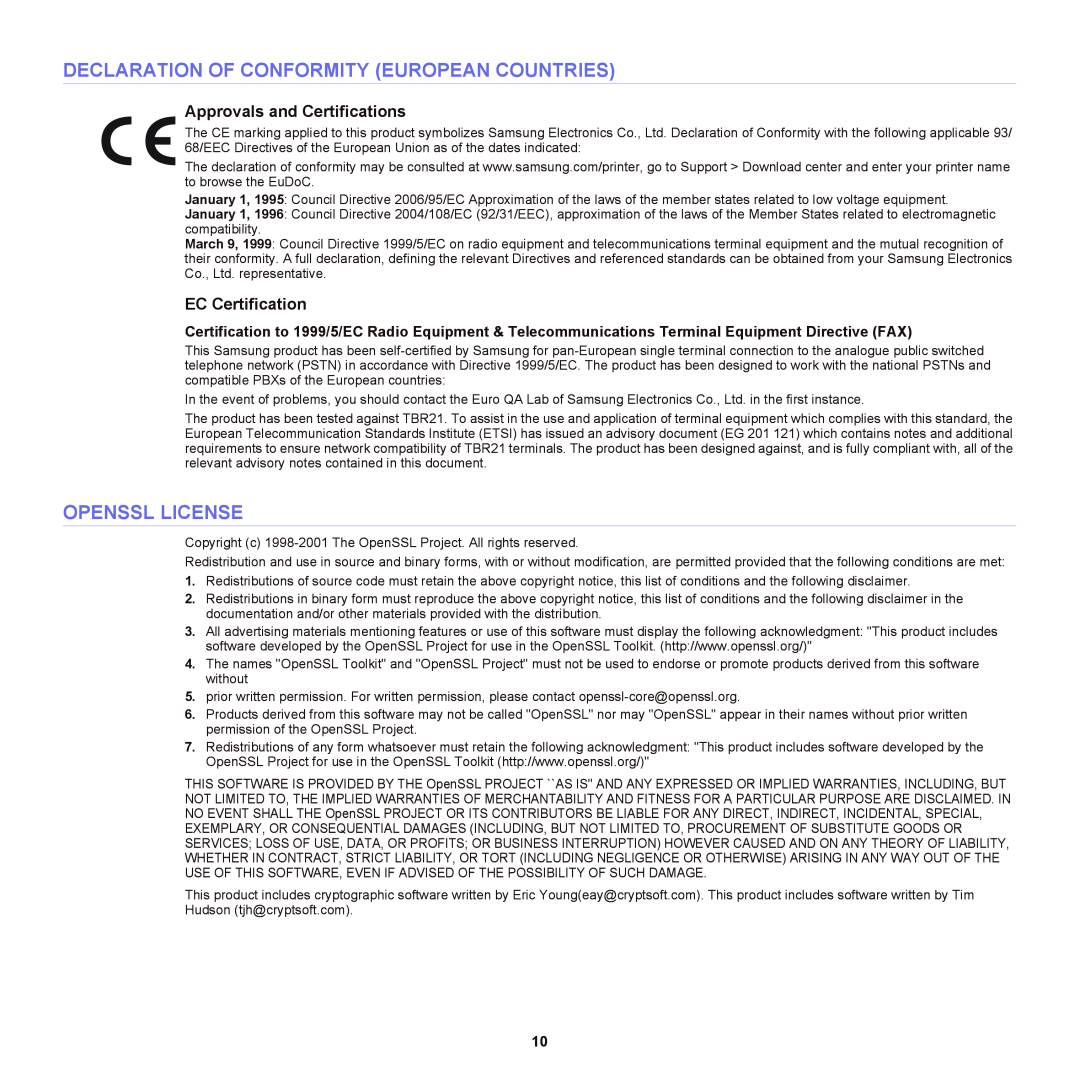 Samsung SCX-6555NX manual Declaration Of Conformity European Countries, Openssl License, Approvals and Certifications 