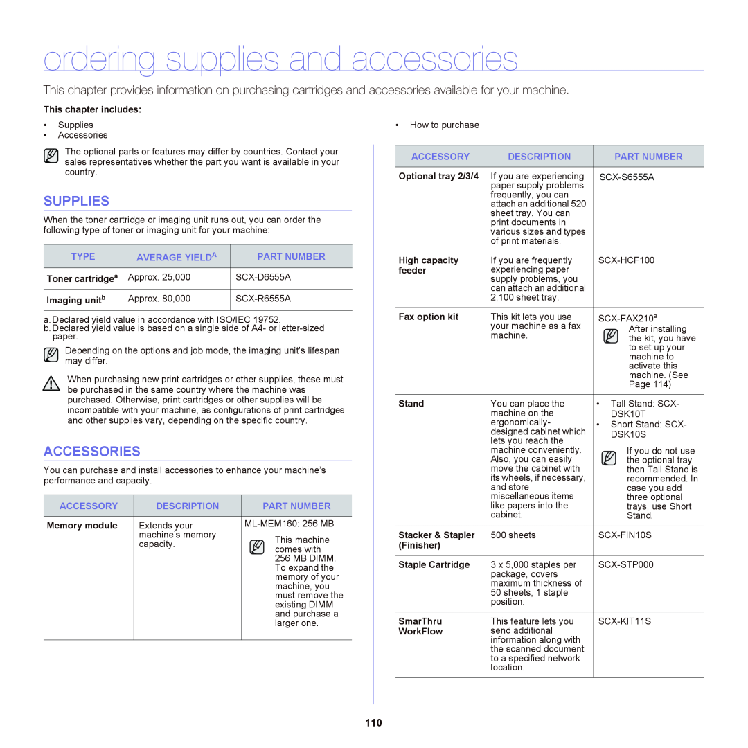 Samsung SCX-6555NX manual ordering supplies and accessories, Supplies, Accessories 
