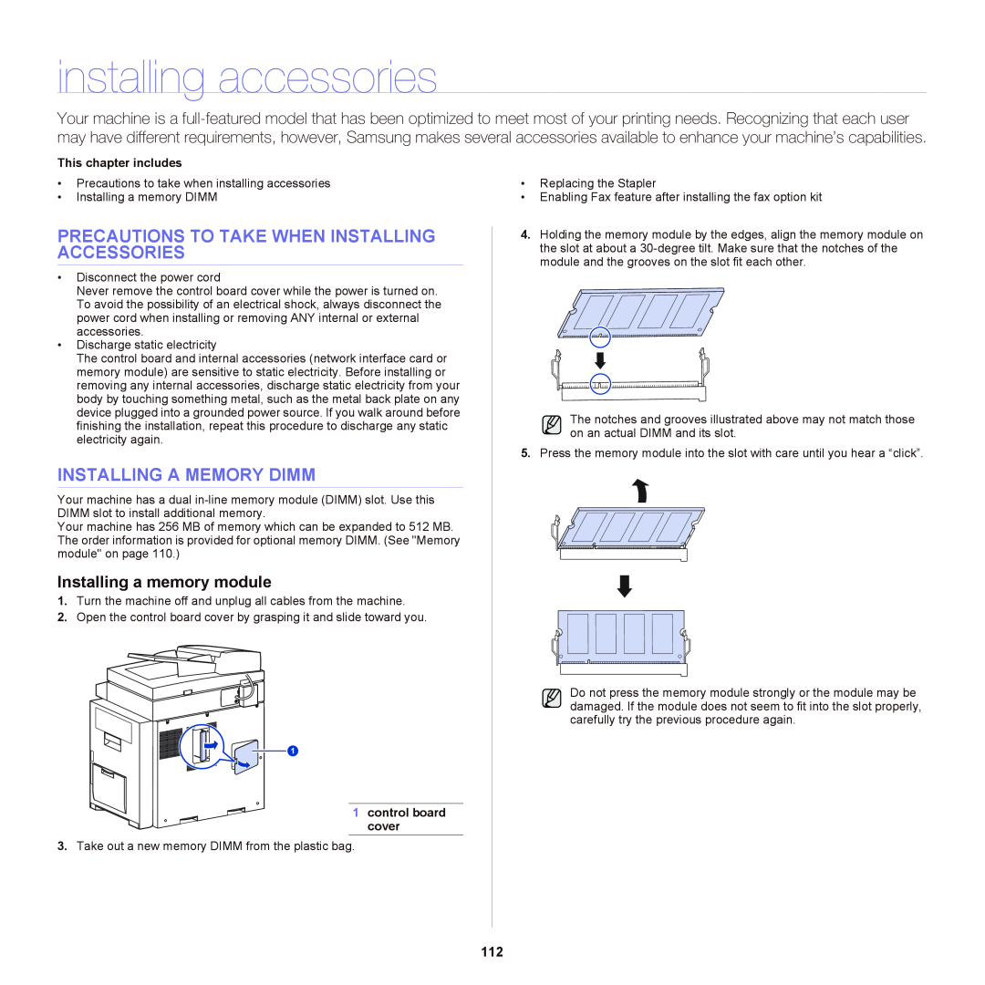Samsung SCX-6555NX manual installing accessories, Precautions To Take When Installing Accessories, Installing A Memory Dimm 