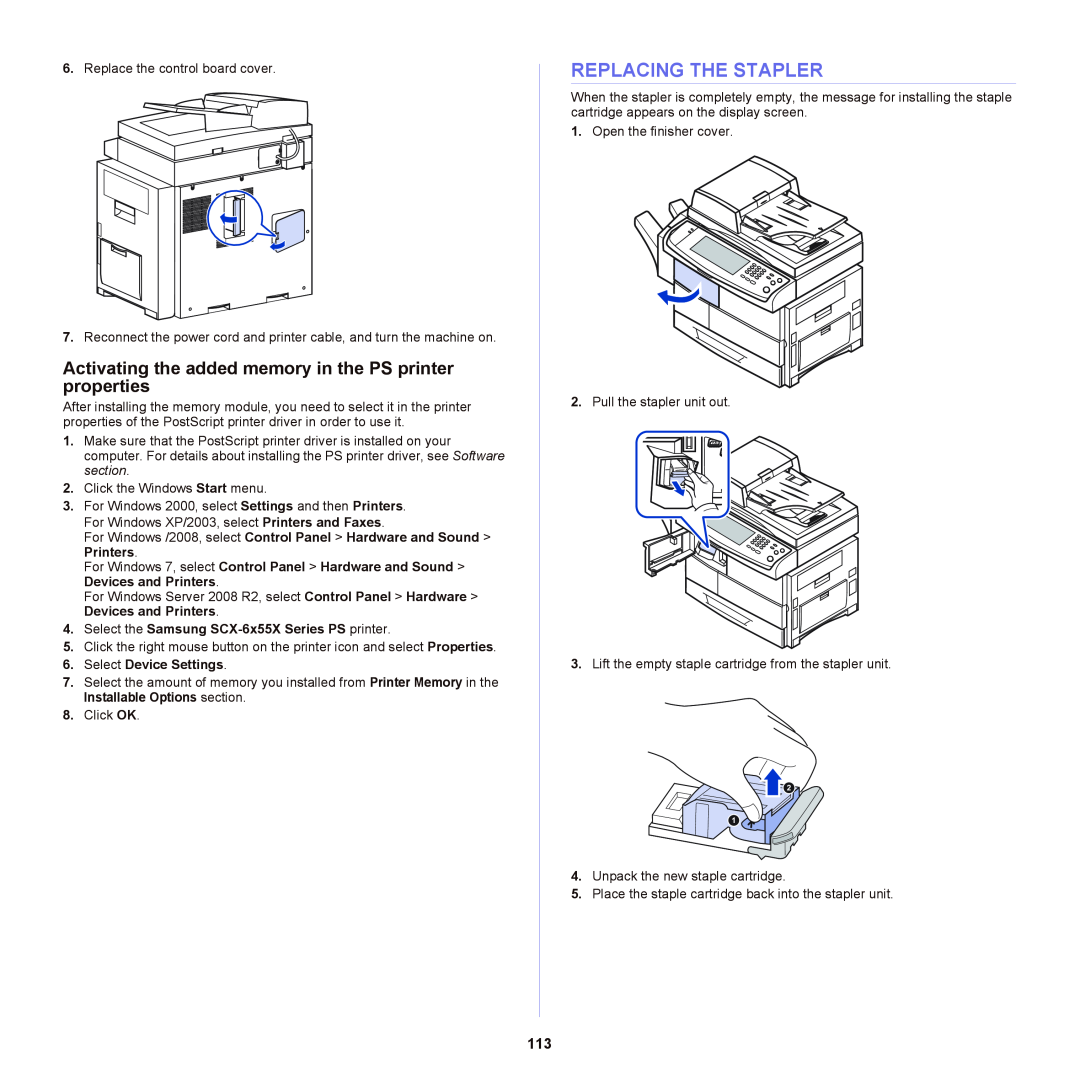Samsung SCX-6555NX manual Replacing The Stapler, Activating the added memory in the PS printer properties 