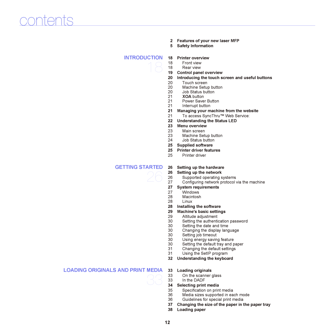 Samsung SCX-6555NX manual contents, Introduction, Getting Started, Loading Originals And Print Media 