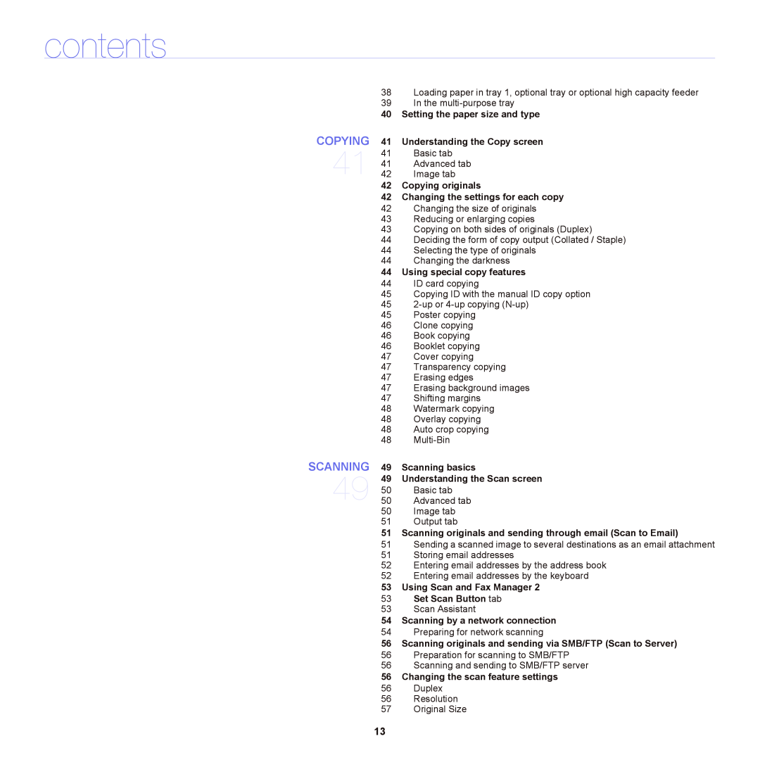 Samsung SCX-6555NX manual Copying, Scanning, contents, Setting the paper size and type 41 Understanding the Copy screen 