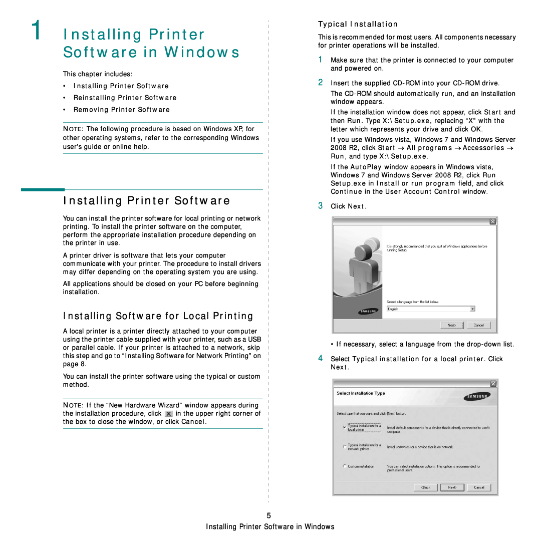 Samsung SCX-6555NX Installing Printer Software in Windows, Installing Software for Local Printing, Typical Installation 