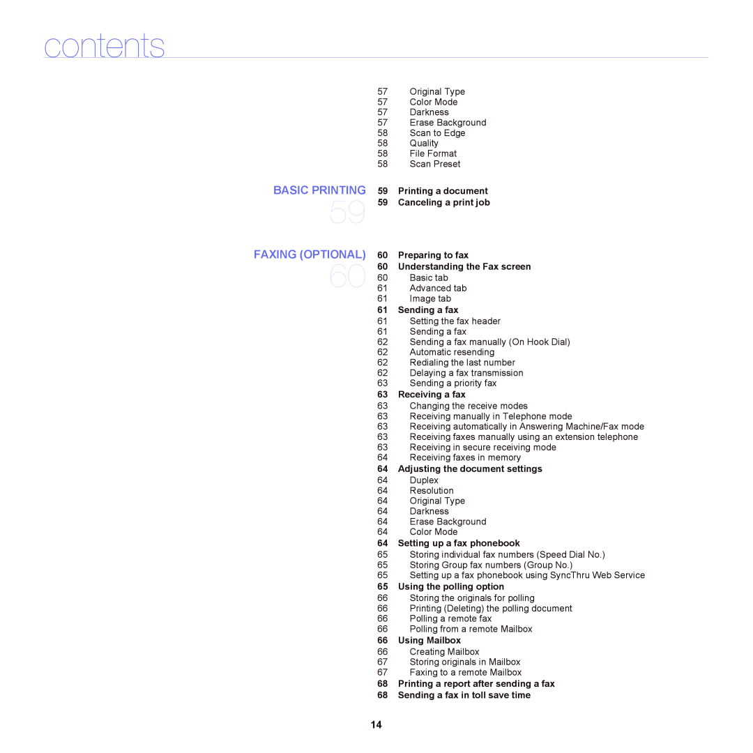 Samsung SCX-6555NX manual Basic Printing, Faxing Optional, contents 