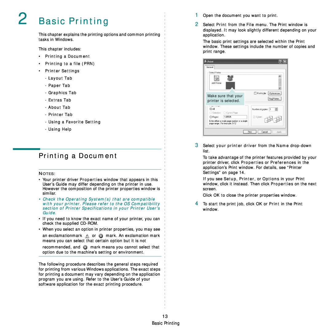 Samsung SCX-6555NX manual Basic Printing, Printing a Document Printing to a file PRN Printer Settings 