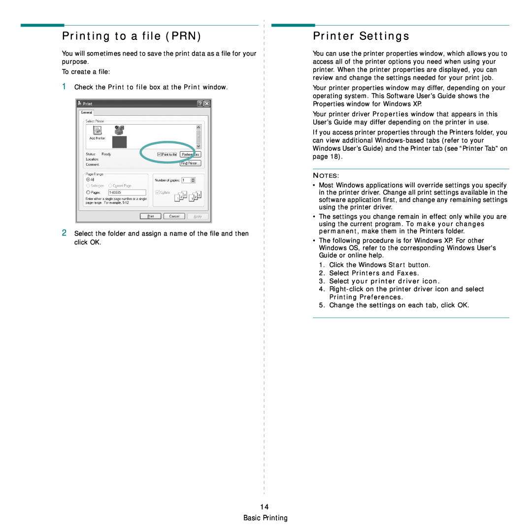 Samsung SCX-6555NX manual Printing to a file PRN, Printer Settings, Basic Printing 