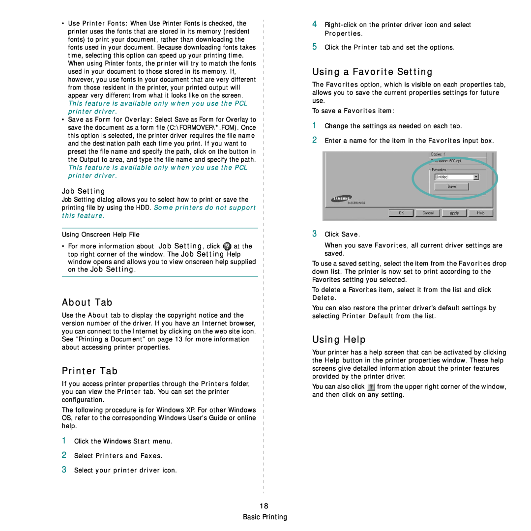 Samsung SCX-6555NX manual About Tab, Printer Tab, Using a Favorite Setting, Using Help, Job Setting 
