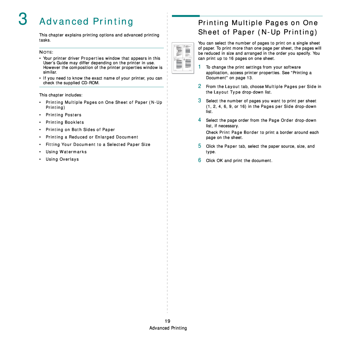Samsung SCX-6555NX manual Advanced Printing, Printing Multiple Pages on One Sheet of Paper N-Up Printing, Using Overlays 