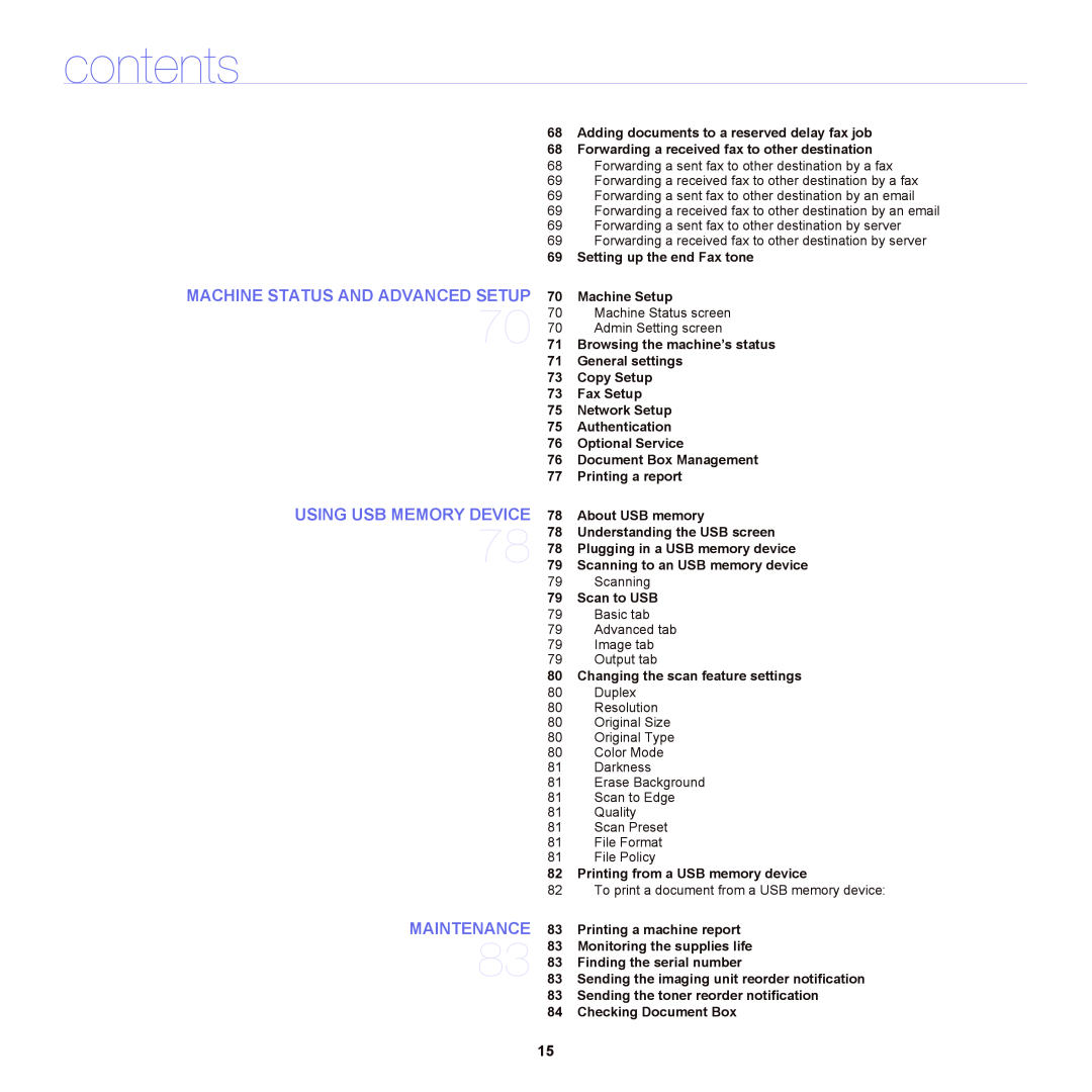 Samsung SCX-6555NX manual Using Usb Memory Device, Maintenance, contents, Machine Status And Advanced Setup 