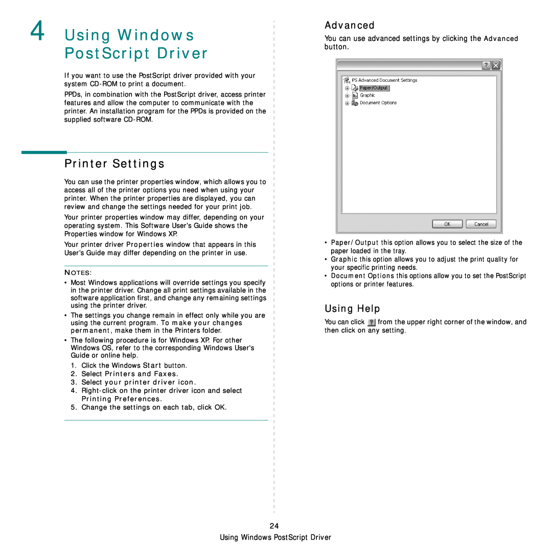 Samsung SCX-6555NX manual Using Windows PostScript Driver, Advanced, Printer Settings, Using Help 