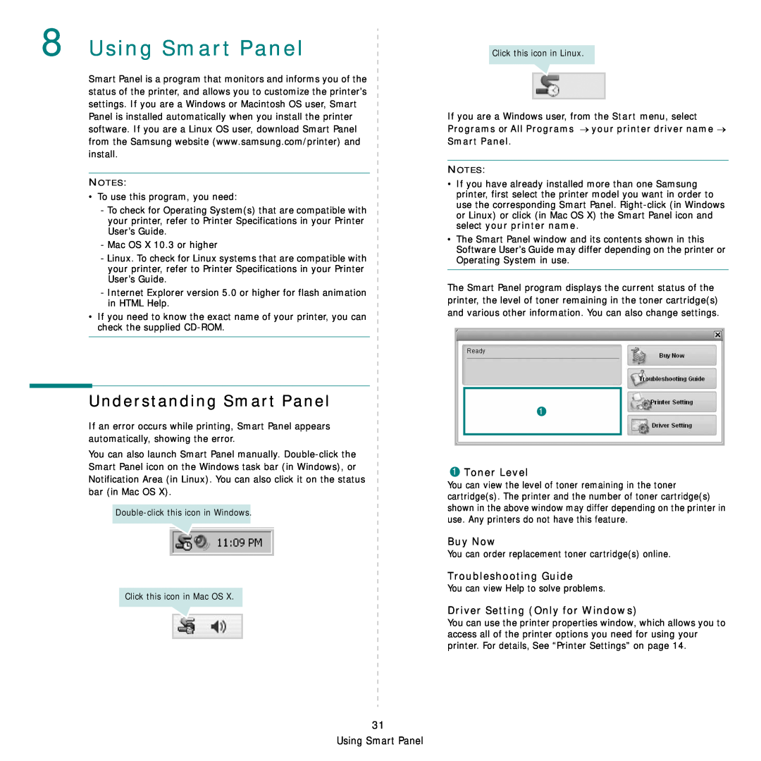 Samsung SCX-6555NX manual Using Smart Panel, Understanding Smart Panel, Toner Level, Buy Now, Troubleshooting Guide 