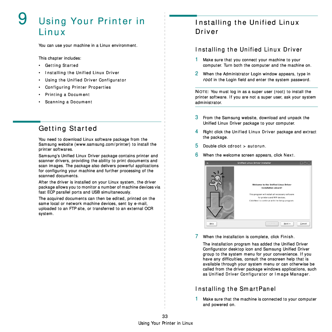 Samsung SCX-6555NX manual Using Your Printer in Linux, Getting Started, Installing the Unified Linux Driver 