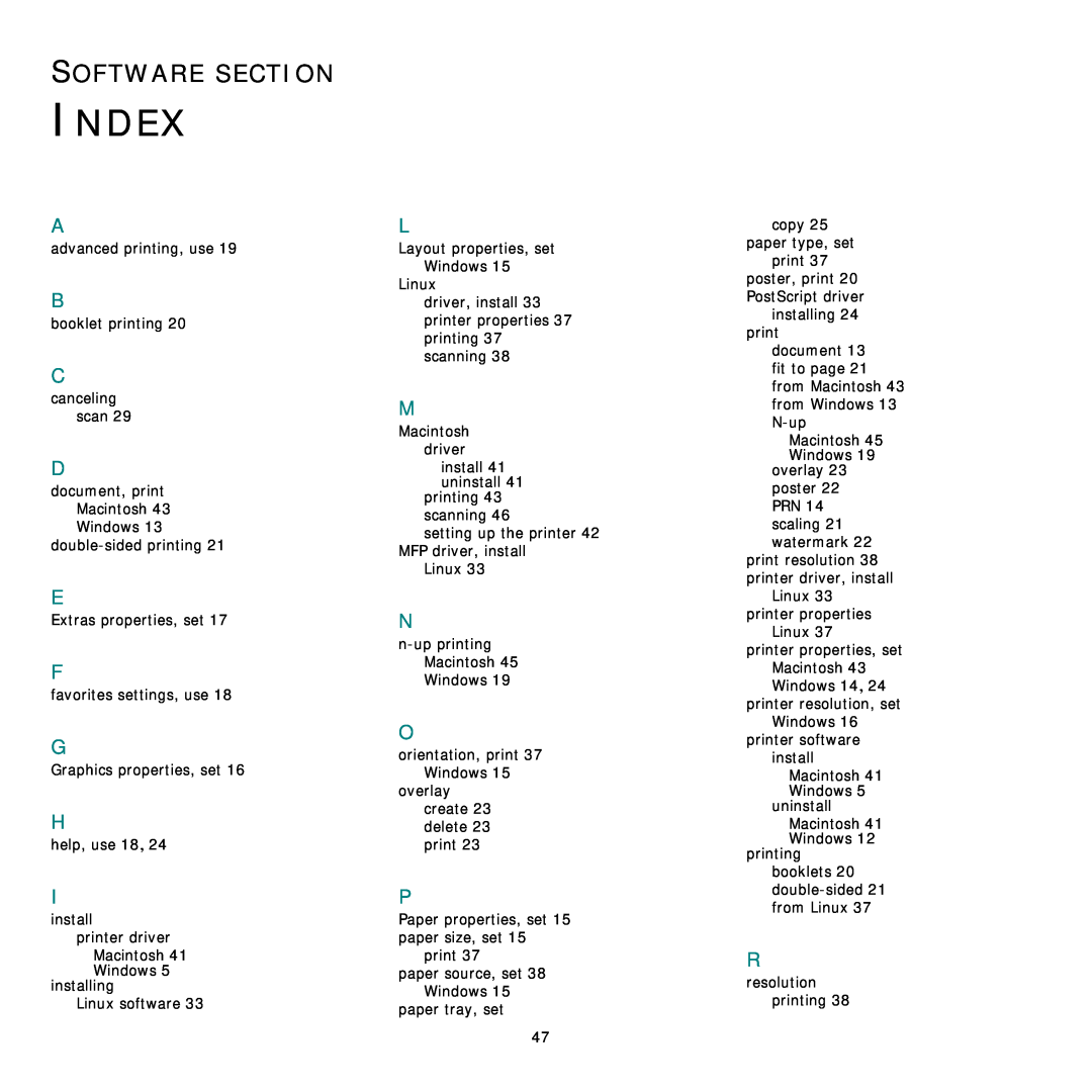 Samsung SCX-6555NX manual Index, Software Section 