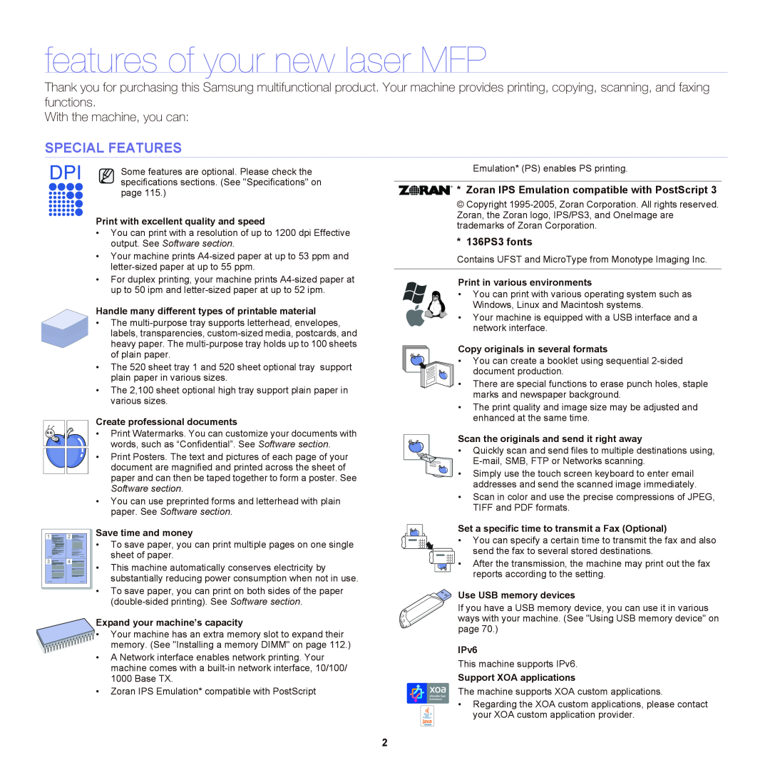 Samsung SCX-6555NX manual features of your new laser MFP, Special Features, With the machine, you can, 136PS3 fonts 