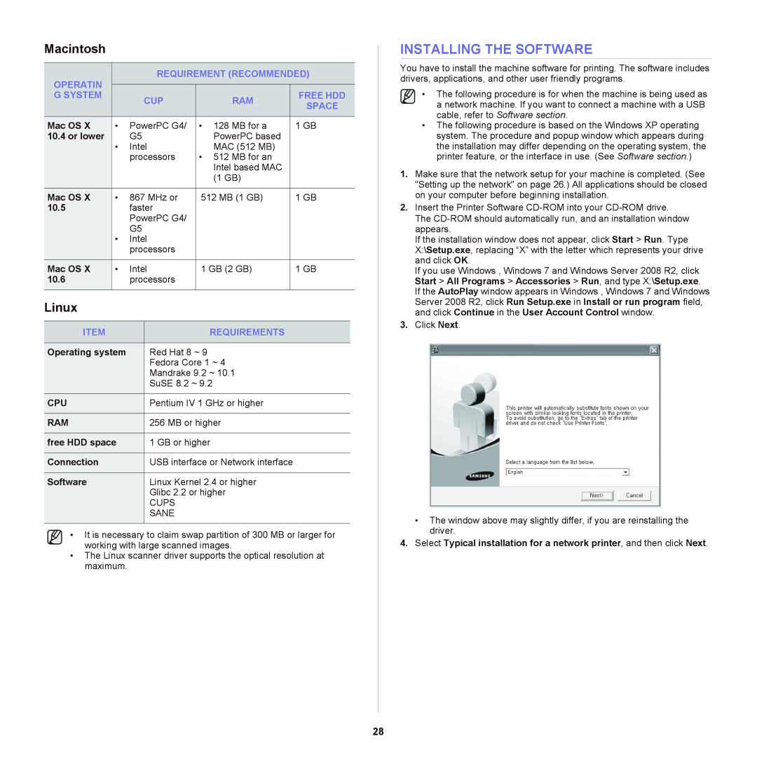 Samsung SCX-6555NX manual Installing The Software, Macintosh, Linux 