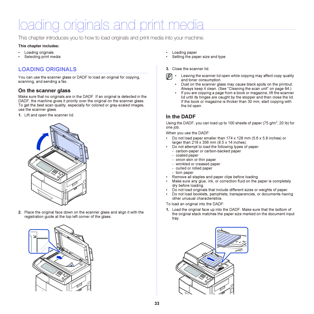 Samsung SCX-6555NX manual loading originals and print media, Loading Originals, On the scanner glass, In the DADF 