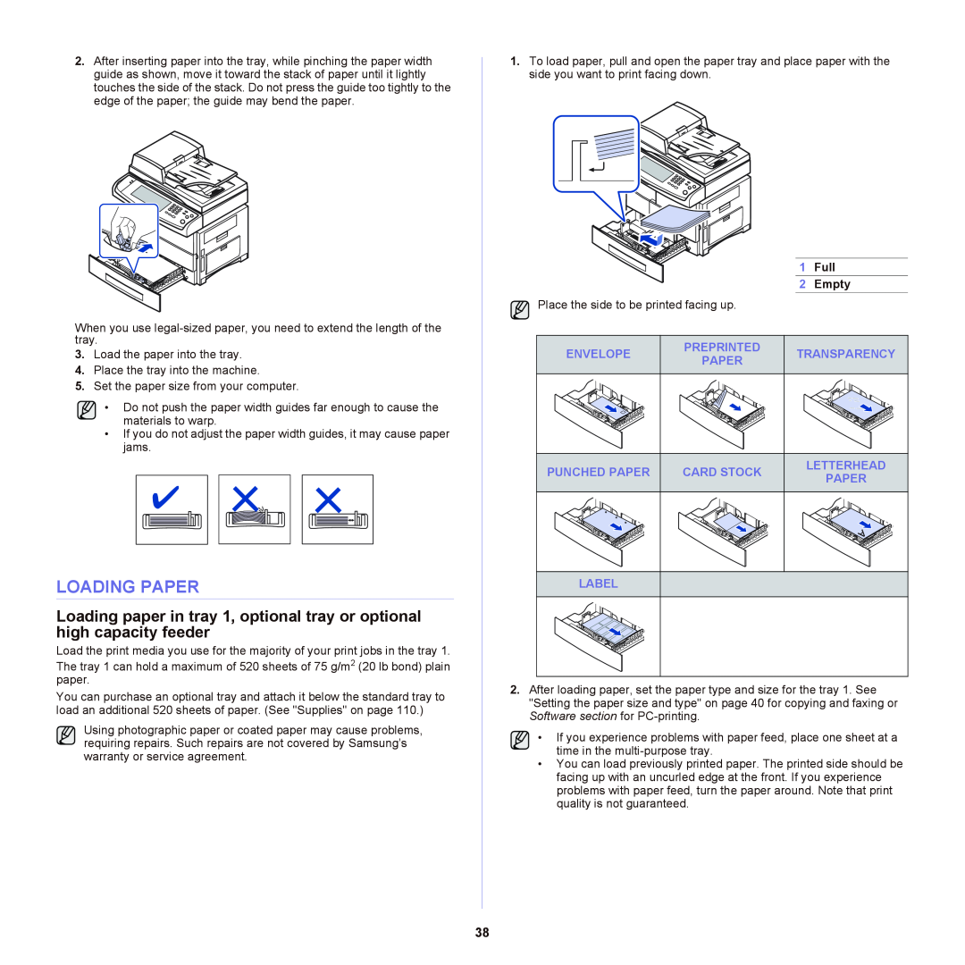Samsung SCX-6555NX manual Loading Paper, Full 2 Empty 
