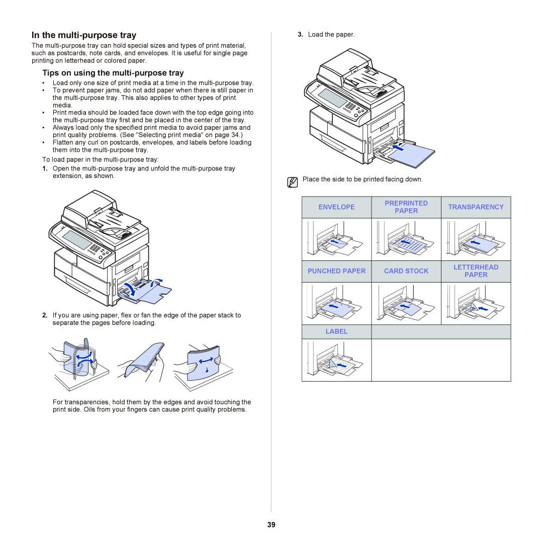 Samsung SCX-6555NX manual In the multi-purpose tray, Tips on using the multi-purpose tray 