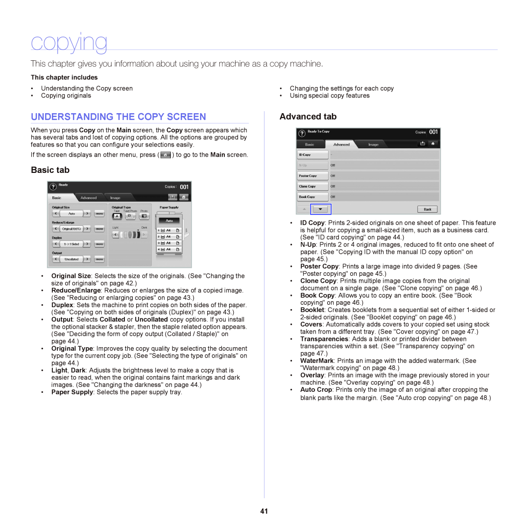 Samsung SCX-6555NX manual copying, Understanding The Copy Screen, Basic tab, Advanced tab 