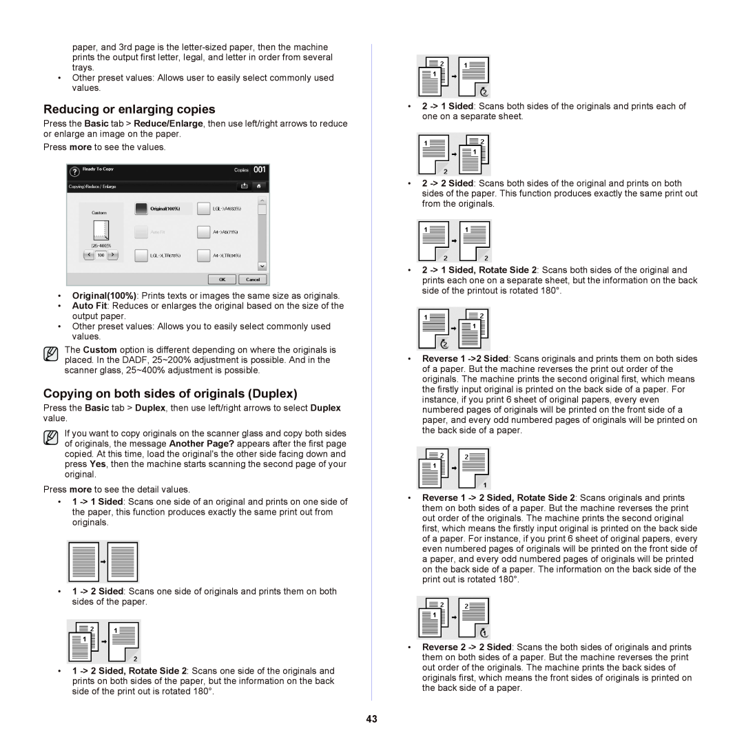 Samsung SCX-6555NX manual Reducing or enlarging copies, Copying on both sides of originals Duplex 
