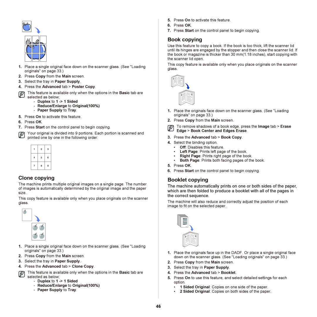 Samsung SCX-6555NX manual Clone copying, Book copying, Booklet copying 