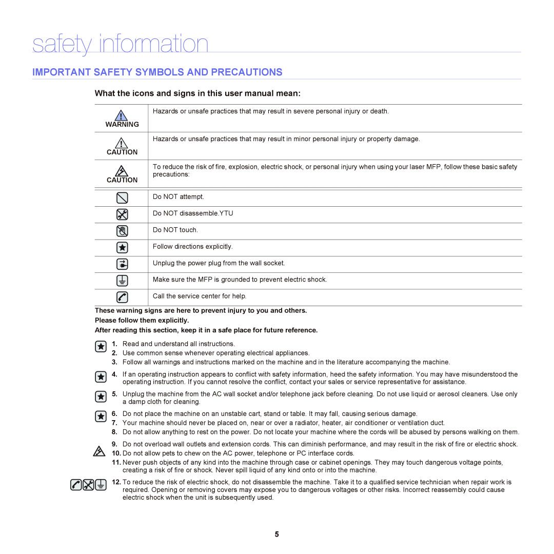Samsung SCX-6555NX manual safety information, Important Safety Symbols And Precautions 