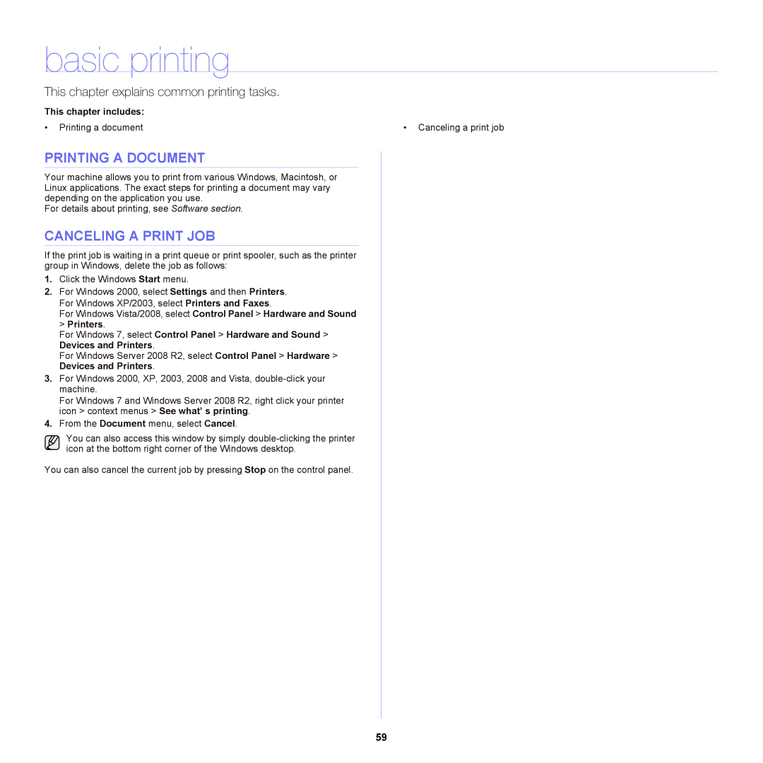 Samsung SCX-6555NX basic printing, Printing A Document, Canceling A Print Job, This chapter explains common printing tasks 
