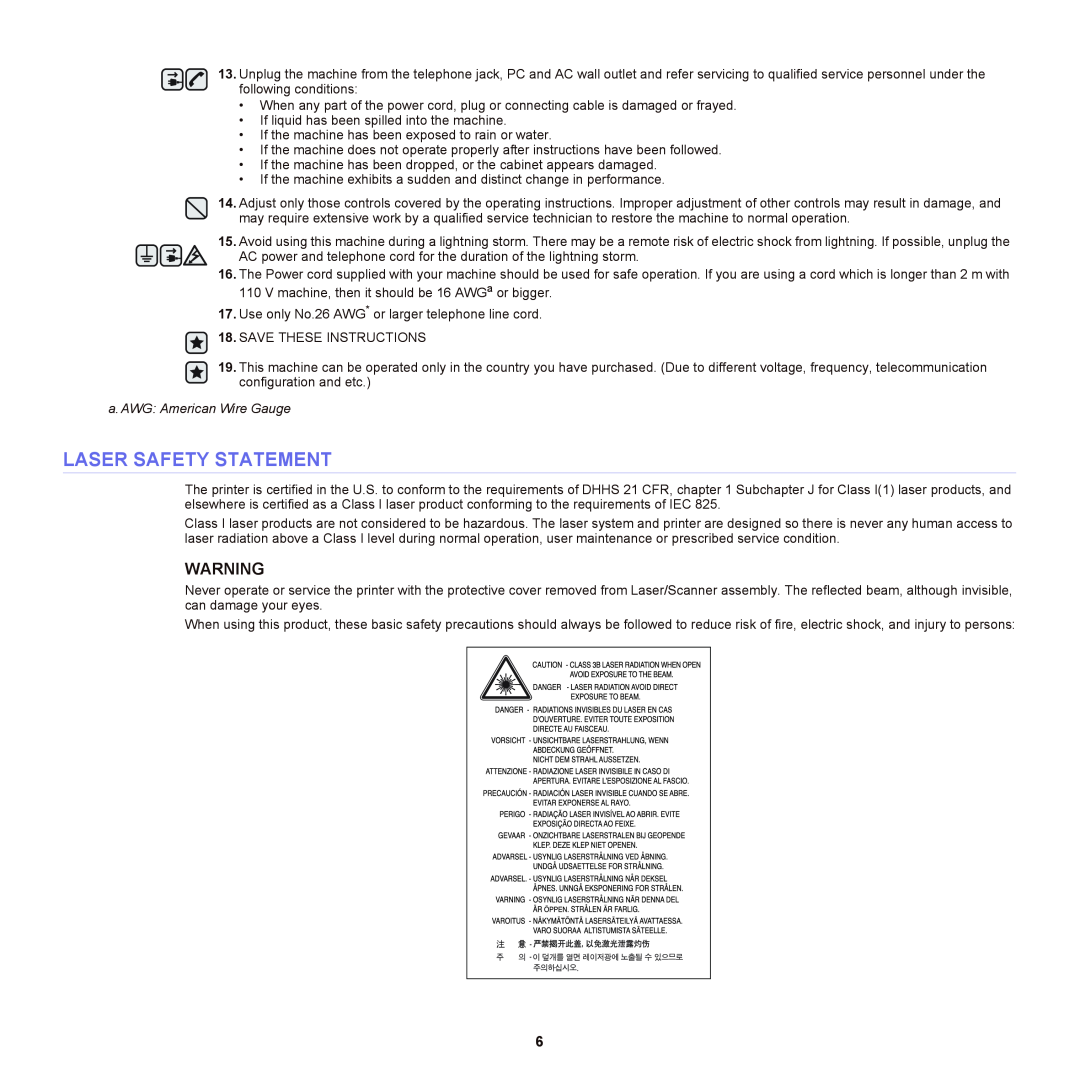 Samsung SCX-6555NX manual Laser Safety Statement, a. AWG American Wire Gauge 